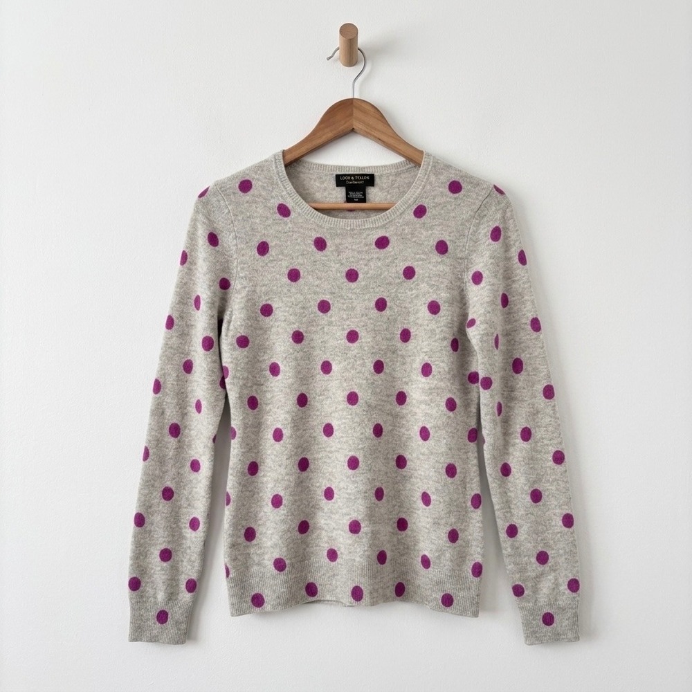 Lord & Taylor Cashmere Sweater Medium Grey Purple Polka Dot Preppy Coquette Knit